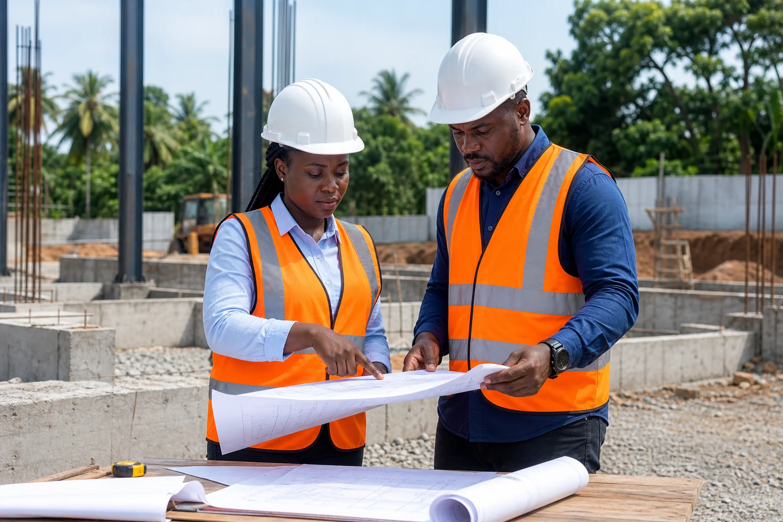 Black Ghanaian engineers reviewing drawings on a construction site