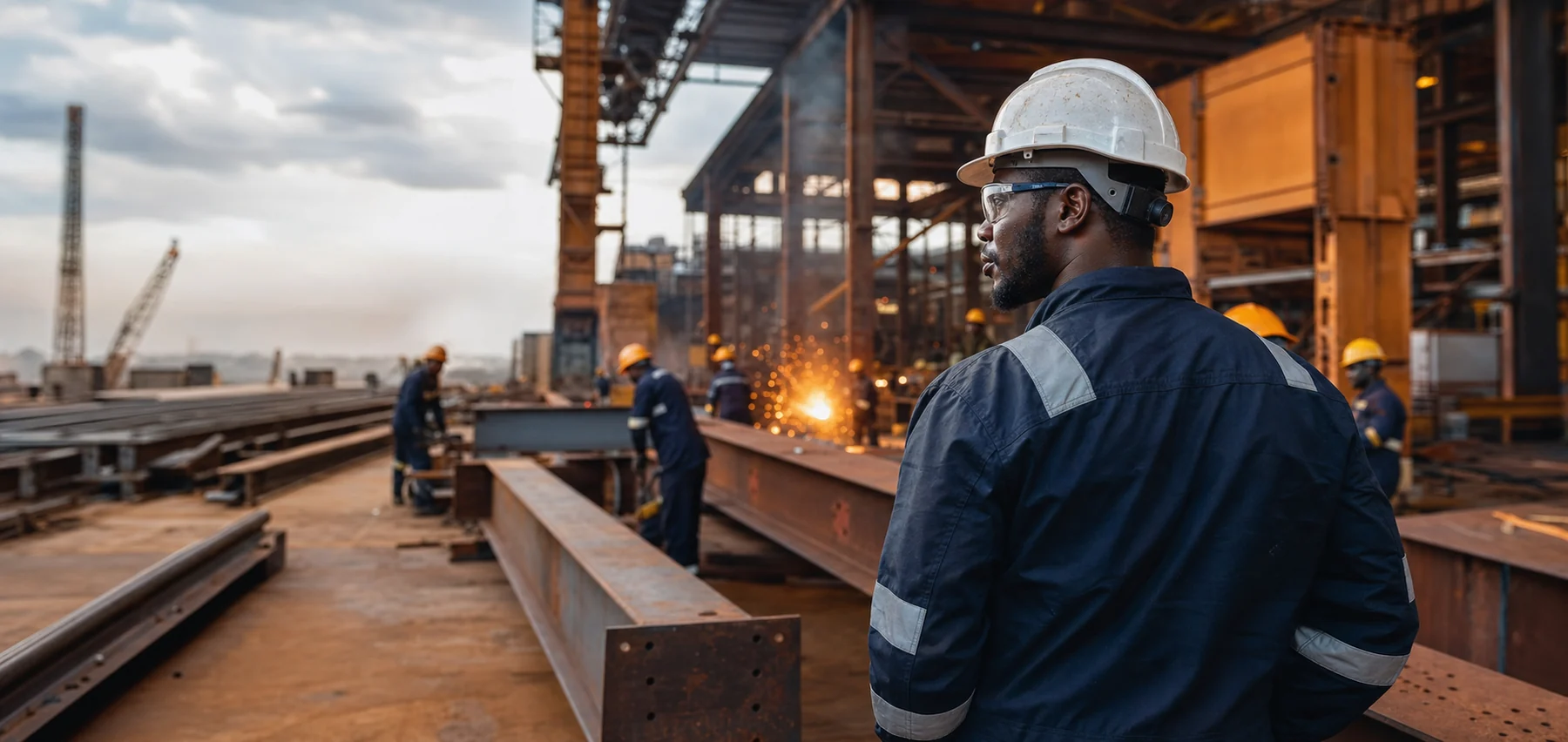 Black Ghanaian engineer supervising steel fabrication works
