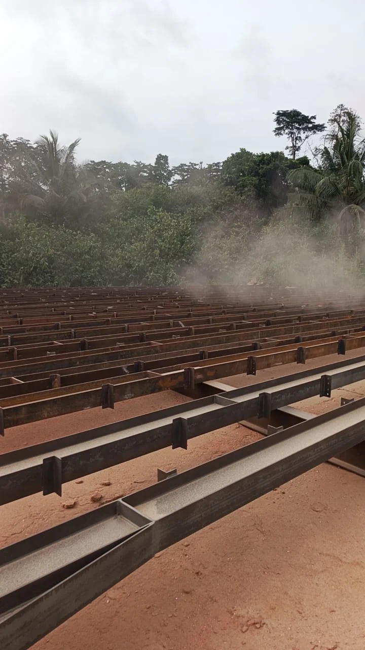 Steel framework laid out during fabrication process
